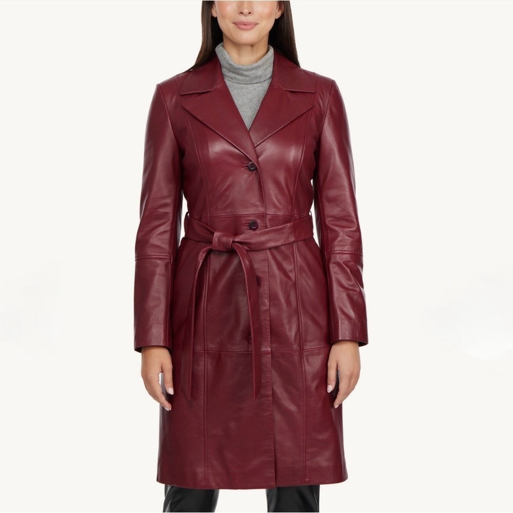 Badgley Mischka Tinsley Lamb Leather Trench Coat Bordeaux Oxblood NWT Size Small - Picture 4 of 11